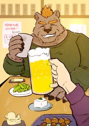  2021 29_da2 alcohol anthro barguest_(tas) bear beer beverage closed_eyes clothing detailed_background duo food hi_res inside kemono lifewonders male mammal overweight overweight_male shirt solo_focus tokyo_afterschool_summoners topwear 