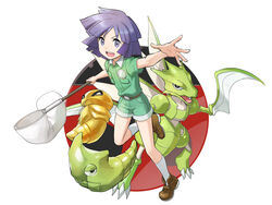  1boy arm_up belt bob_cut brown_footwear bugsy_(pokemon) butterfly_net collared_shirt commentary_request green_shirt green_shorts grey_eyes hand_net highres holding holding_butterfly_net kakuna metapod mikami open_mouth pokemon pokemon_(creature) pokemon_hgss purple_hair scyther shirt shoes short_sleeves shorts socks spread_fingers teeth tongue upper_teeth_only white_legwear 