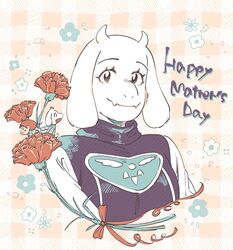  anthro asriel_dreemurr boss_monster_(undertale) bovid caprine chara_(undertale) clothing dress english_text female floral_pattern flower fur group holidays horn human long_ears looking_at_viewer mammal mother&#039;s_day nam plant shirt smile text topwear toriel undertale undertale_(series) white_body white_fur 