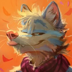  1:1 anthro arctic_fox autumn autumn_leaves blep bust_portrait canid canine domestic_cat falling_leaves felid feline felis fox hi_res hybrid latrans male mammal portrait scarf solo tabby_cat tongue tongue_out true_fox zax_(zwalexan) 