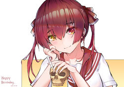  absurdres alternate_costume collarbone commentary cup dokuro-kun_(houshou_marine) drink drinking_straw female hair_between_eyes hair_ribbon happy_birthday head_rest heterochromia highres hololive hongshao_tang_gua houshou_marine long_hair looking_at_viewer photoshop_(medium) red_eyes red_hair red_ribbon red_sailor_collar ribbon sailor_collar school_uniform shirt short_sleeves skull solo twintails virtual_youtuber white_shirt yellow_eyes 