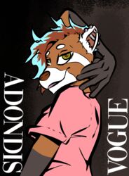  adondis ailurid anthro biped brown_hair clothed clothing digital_media_(artwork) dyed_fur ear_piercing femboy fur green_eyes hair hi_res highlights_(coloring) industrial_piercing joel_(adondis) male mammal open_mouth piercing pinup pose red_clothing red_panda smile solo vogue_(magazine) white_body white_fur 