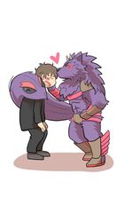  9:16 anthro armor bathym_(tas) blush canid canine canis demon duo forehead_kiss fur heart_symbol hi_res horn human lifewonders living_tail male male/male mammal protagonist_(tas) purple_body purple_fur rorondo4 simple_background tail tokyo_afterschool_summoners twink_protagonist_(tas) unconvincing_armor unusual_anatomy unusual_tail white_background wolf 