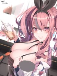  absurdres azur_lane bad_id bad_pixiv_id black_hair black_nails boutique breasts bremerton_(azur_lane) bremerton_(day-off_date)_(azur_lane) bubble_tea cleavage clenched_teeth dated female fingernails highres long_fingernails looking_at_viewer mole mole_on_breast mole_under_eye multicolored_hair nail_polish official_alternate_costume pink_eyes red_hair smile solo streaked_hair sunebu_(snake_boo2) teeth twintails two-tone_hair 