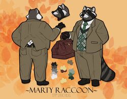  2019 absurd_res anthro ass bottomwear clothing english_text eyewear glasses hi_res humanoid_hands izvy_(artist) male mammal marty_raccoon necktie overweight overweight_anthro overweight_male pants procyonid raccoon shirt solo text topwear 