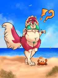  absurd_res anthro arthropod awoogasm beach belly bikini breasts canid canine canis clothing crab crustacean decapoda digital_media_(artwork) female fluffy fluffy_tail fur hair hi_res malacostracan mammal marine navel neck_tuft outside overweight overweight_female red_body red_fur rule_63 sand scared sea seaside solo swimwear tail teeth thick_thighs tuft vox_(awoogasm) water wide_hips wolf yellow_eyes 