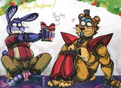  2021 absurd_res animatronic anthro bear belly christmas clothed clothing digital_media_(artwork) duo english_text exclamation_point fanmade_design_glamrock_bonnie five_nights_at_freddy&#039;s five_nights_at_freddy&#039;s:_security_breach furrllow gift glamrock_bonnie_(fnaf) glamrock_freddy happy hi_res holidays lagomorph leporid machine male mammal rabbit robot scottgames slightly_chubby smile steel_wool_studios text 