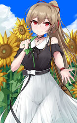  absurdres bag belt black_belt black_bow black_shirt bow breasts brown_hair closed_mouth clothing_cutout commentary_request day earrings female flower furen_e_lustario furen_e_lustario_(2nd_costume) hair_between_eyes hair_ribbon hand_up high_ponytail highres holding holding_flower jewelry kirikan_(cokekiri) long_hair looking_at_viewer medium_breasts necklace nijisanji outdoors outstretched_arm pleated_skirt ponytail red_eyes red_ribbon ribbon shirt short_sleeves shoulder_bag shoulder_cutout sidelocks skirt smile solo star_(symbol) star_necklace sunflower very_long_hair virtual_youtuber white_bow white_skirt yellow_flower 