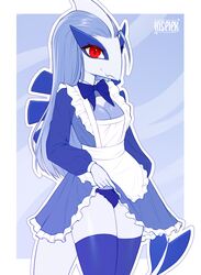  anthro blue_body blue_breasts bottomwear bow_tie breasts clothed clothing clothing_lift digital_media_(artwork) female generation_2_pokemon hi_res kiselek legendary_pokemon legwear looking_at_viewer lugia maid_uniform makizu medium_breasts multicolored_body nintendo pokemon pokemon_(species) pokemorph presenting_panties red_eyes simple_background skirt skirt_lift solo stockings two_tone_body uniform white_body 