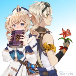  1boy back-to-back bandaid bandaid_on_face bandaid_on_nose barbara_(genshin_impact) bare_shoulders bennett_(genshin_impact) blonde_hair blue_eyes blush book book_holster bow bowtie covering_own_mouth dress drill_hair female flower genshin_impact green_eyes hair_ornament hat highres holding holding_book holding_flower long_sleeves reishichi shirt sleeveless sleeveless_shirt smile twin_drills twintails white_hair 