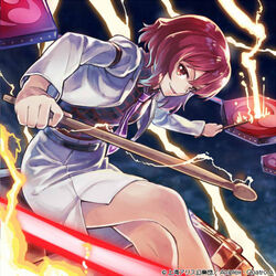  album_cover commentary_request cover drum drum_set drumsticks female horikawa_raiko instrument jacket lightning looking_at_viewer marasy mitsudomoe_(shape) necktie official_art plaid plaid_shirt purple_necktie red_hair sakino_shingetsu shirt short_hair sitting_on_drum skirt smile solo suit_jacket taiko_drum tomoe_(symbol) touhou touhou_cannonball 