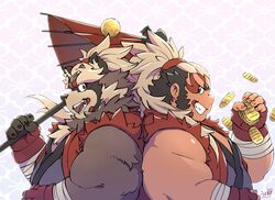  2019 anthro black_nose brown_body brown_fur canid canine clothed clothing daihukudokoro duo fur goemon_(tas) human humanoid_hands lifewonders male mammal overweight overweight_male raccoon_dog tanuki teeth tokyo_afterschool_summoners 