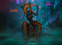  absurd_res alley anthro aurelya blonde_hair blue_body blue_fur canid canine clothing cosplay cyberpunk_2077 eyewear female fox fur gun hair hi_res johnny_silverhand_(cosplay) johnny_silverhand_(cyberpunk_2077) mammal prosthetic prosthetic_arm prosthetic_limb ranged_weapon sitting solo sunglasses victoria_voss weapon yellow_eyes 