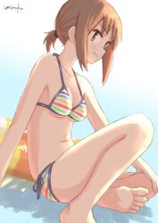  artist_name bare_arms bare_legs bare_shoulders barefoot bikini blush breasts brown_eyes brown_hair commentary_request feet female halterneck highres innertube knee_up looking_at_viewer medium_breasts navel okano_kei parted_lips side-tie_bikini_bottom sidelocks signature sitting soles solo striped_bikini striped_clothes swim_ring swimsuit toes umiroku yuyushiki 