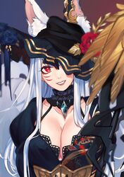  animal_ears black_flower black_hat breasts cleavage collarbone commentary english_commentary female flower fox_ears fox_girl fox_tail gradient_background grey_hair hat hat_flower head_tilt highres long_hair medium_breasts multiple_tails nijisanji nijisanji_en nina_kosaka nina_kosaka_(2nd_costume) official_alternate_costume parted_lips portrait red_eyes red_flower smile solo staff tail tilted_headwear virtual_youtuber zzz_(zanzuurin) 