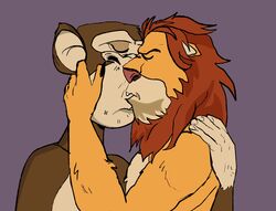  anthro bored_ape_yacht_club brown_body brown_fur duo felid fur grey_background haplorhine hi_res humor kissing kledgaming lazy_lions lion male male/male mammal mane meme monkey nft nft_lion nft_monkey nude pantherine parody primate reaction_image simple_background yellow_body yellow_fur 