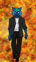  anthro canid canine canis clothed clothing cool_guys_don&#039;t_look_at_explosions explosion fire hi_res jondrethefurry male mammal solo wolf 