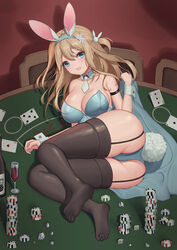  alcohol animal_ears ass baeg_mi black_thighhighs blonde_hair blue_eyes blush bottle breasts card chair cleavage cup drinking_glass fake_animal_ears female garter_straps girls&#039;_frontline hair_ornament hairband highres large_breasts long_hair looking_at_viewer lying no_shoes on_table open_mouth playboy_bunny poker poker_chip poker_table snowflake_hair_ornament soles solo suomi_(girls&#039;_frontline) table thighhighs thighs wine wine_bottle wine_glass 