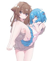  2girls :o aoi_tori bare_legs bare_shoulders barefoot blue_hair blue_skirt blush bow brown_eyes brown_hair camisole carrying closed_eyes closed_mouth commentary cowboy_shot dot_nose feet grey_hoodie hair_between_eyes hairbow highres hood hood_down hoodie long_bangs long_hair long_sleeves miniskirt multiple_girls no_pants open_mouth original panties pantyshot pleated_skirt princess_carry purple_panties raika-chan_(aoi_tori) sidelocks simple_background skirt sleeping sleeve_cuffs smile striped_clothes striped_panties teru-chan_(aoi_tori) thighs toes underwear white_background white_camisole 