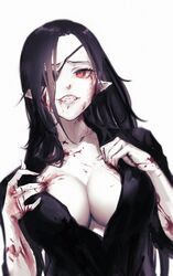  absurdres black_hair blood blood_on_arm blood_on_breasts blood_on_face breast_suppress breasts cleavage collarbone commentary eyebrows_hidden_by_hair eyepatch fangs female hideko_(hyde_(tabakko)) highres hyde_(tabakko) looking_at_viewer medium_breasts one_eye_covered original pointy_ears red_eyes smile solo symbol-only_commentary textless_version upper_body vampire variant_set white_background 