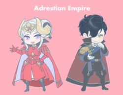  1boy black_hair blonde_hair blue_eyes blush cape chibi commentary_request crown edelgard_von_hresvelg epaulettes female fire_emblem fire_emblem:_three_houses gloves hair_ornament hair_over_one_eye hair_ribbon horns hubert_von_vestra jewelry long_hair looking_at_viewer ribbon short_hair simple_background smile white_background zbrk 