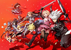  4boys 5girls arc_system_works armor black_hair black_thighhighs blazblue blazblue:_cross_tag_battle blonde_hair blue_hair brown_hair closed_mouth confetti djeeta_(granblue_fantasy) erune ferry_(granblue_fantasy) fighter_(granblue_fantasy) fugee_(granblue_fantasy) gii granblue_fantasy granblue_fantasy_versus green_eyes grin gun hairband heterochromia highres higuchi_konomi holding holding_gun holding_sword holding_weapon holding_whip katalina_(granblue_fantasy) kido_hyde lancelot_(granblue_fantasy) long_hair multiple_boys multiple_girls nago nicola_(granblue_fantasy) noel_vermillion official_art open_mouth parasol percival_(granblue_fantasy) photoshop_(medium) pink_hairband pink_skirt rachel_alucard ragna_the_bloodedge red_background red_eyes simple_background skirt smile sword thighhighs thighs twintails umbrella under_night_in-birth vyrn_(granblue_fantasy) weapon white_hair zettai_ryouiki 