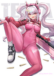  alice_(nikke) animal_ear_headphones animal_ears ass_visible_through_thighs bodysuit breasts breath clothes_writing commentary covered_navel english_text eyelashes fake_animal_ears female goddess_of_victory:_nikke gun hair_between_eyes hanh_chu headphones headset highres holding holding_gun holding_weapon knee_up long_eyelashes long_hair long_sleeves looking_at_viewer lower_teeth_only medium_breasts open_mouth pink_bodysuit puffy_sleeves raised_eyebrows shell_casing shoes shrug_(clothing) skin_tight sneakers socks solo teeth twintails very_long_hair weapon white_hair 