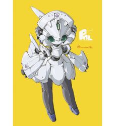  female green_eyes kuruton486 looking_up mechanical_skirt open_hands original robot solo twitter_username wide_sleeves yellow_background 