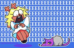  anthro antlers barefoot blonde_hair brown_body brown_fur clothing cloven_hooves deer deltarune fabrice_the_rat feet female fur hair hi_res hooves horn humor mammal maus_(deltarune) microsoft murid murine noelle_holiday rat robe rodent scared screaming signature solo thatguynamedjoe toony undertale_(series) windows_3d_movie_maker 