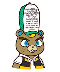  2020 5:6 animal_crossing anthro beaver blonde_hair brown_body buckteeth c.j._(animal_crossing) clothing english_text guywiththepie hair half-length_portrait hat headgear headwear male mammal meme meme_clothing nintendo portrait rodent shirt simple_background solo teeth text text_on_clothing text_on_hat text_on_headwear topwear trucker_hat white_background women_want_me_fish_fear_me 