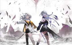  2girls bare_shoulders black_dress black_shorts blunt_bangs closed_eyes coat debris dress grey_hair hachi_(live_union) highres jacket kuronoiparoma live_union long_hair multicolored_clothes multicolored_coat multicolored_jacket multiple_girls music off-shoulder_dress off_shoulder open_mouth outstretched_leg shorts singing single_thighhigh thigh_strap thighhighs vesperbell virtual_youtuber yomi_(vesperbell) 