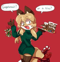  anthro averi_(fiddleafox) brown_body brown_fur candy candy_cane canid canine clothing dessert dipstick_tail english_text female female_anthro fiddleafox food fox fur gingerbread_house gloves_(marking) green_clothing green_eyes hair hi_res leg_markings mammal markings mistletoe plant red_fox socks_(marking) solo tail tail_markings text true_fox white_body white_fur 