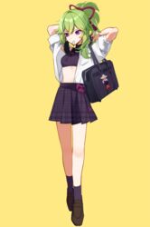  adjusting_hair alternate_costume arms_behind_head bag breast_pocket breasts brown_footwear casual collared_shirt crop_top female full_body genshin_impact green_hair hair_ornament hair_ribbon hair_tie_in_mouth high-waist_skirt high_ponytail highres kuki_shinobu loafers looking_down mouth_hold open_clothes open_shirt plaid plaid_skirt pleated_skirt pocket purple_eyes purple_socks ribbon school_bag shirt shirt_tucked_in shoes shoulder_bag sidelocks simple_background skirt sleeves_pushed_up small_breasts socks solo standing stomach thighs utori_(tanakautori) white_shirt yellow_background 