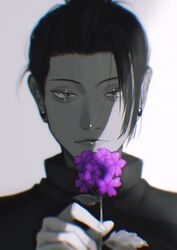  1boy closed_mouth ear_piercing flower gakuran getou_suguru greyscale hair_pulled_back highres holding holding_flower jacket jujutsu_kaisen kuropani_cos looking_at_viewer male_focus monochrome piercing purple_flower school_uniform short_hair simple_background solo spot_color upper_body 