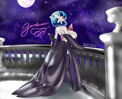  big_breasts blue_hair breasts clothed clothing dress female generation_6_pokemon hair humanoid mega_evolution mega_gardevoir moon night nintendo not_furry pokemon pokemon_(species) shiny_pokemon solo star zacianswords 