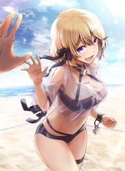  azur_lane bikini blonde_hair blue_eyes blush breasts commentary_request cross female hair_ornament iron_cross lefthand looking_at_viewer medium_breasts official_alternate_costume open_mouth outdoors see-through short_hair smile solo swimsuit z23_(azur_lane) z23_(breezy_doubles)_(azur_lane) 