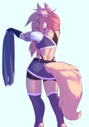  2020 anthro aurum_(kiit0s) black_nose bottomwear breasts canid canine canis clothing female fur gloves handwear holding_clothing holding_object kiit0s mammal rear_view shorts simple_background solo standing tan_body tan_fur white_background wolf 