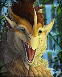  2019 brown_hair day detailed_background dragon fur furred_dragon furred_scalie green_eyes hair hi_res horn keltaan mythological_creature mythological_scalie mythology open_mouth outside scalie smile solo teeth tongue yellow_body yellow_fur 