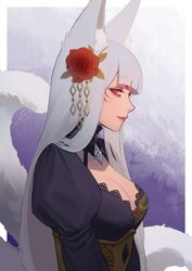  absurdres animal_ears blunt_bangs breasts bright_pupils cleavage dbr_(dbruuu9) female flower fox_ears fox_tail from_side grey_hair hair_flower hair_ornament highres leaf long_hair medium_breasts multiple_tails nijisanji nijisanji_en nina_kosaka nina_kosaka_(2nd_costume) official_alternate_costume outside_border pillarboxed pink_lips profile purple_background red_eyes red_flower smile solo tail underbust upper_body very_long_hair virtual_youtuber white_pupils 