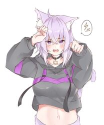  animal_ear_fluff animal_ears arm_up bad_id bad_pixiv_id black_choker black_hoodie breasts cat_ears cat_girl cat_tail choker collarbone crop_top drawstring female hand_up hololive hood hood_down hoodie lightning_bolt_symbol long_sleeves looking_at_viewer medium_breasts midriff navel nekomata_okayu nekomata_okayu_(1st_costume) open_mouth puffy_long_sleeves puffy_sleeves simple_background solo spoken_lightning_bolt tail techi_(siro-white_0803) virtual_youtuber white_background 