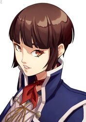  absurdres blunt_bangs brown_eyes brown_hair coat eyeliner female highres isabeau_(megami_tensei) kerchief lipstick looking_to_the_side makeup parted_lips shin_megami_tensei shin_megami_tensei_iv short_hair simple_background smile solo x_xith_x 