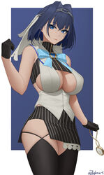  1girls big_breasts blue_eyes blue_hair boob_window cleavage female female_only gloves hololive hololive_english hololive_english_-council- hololive_english_-promise- large_breasts looking_at_viewer miniskirt ouro_kronii short_hair skirt solo solo_female thick thick_thighs thighhighs virtual_youtuber voluptuous zaphn 