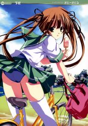  absurdres ass bag bicycle brown_hair copyright_request female food hair_ribbon highres looking_back popsicle ribbon satou_satoru school_swimsuit school_uniform solo swimsuit swimsuit_under_clothes thighhighs two_side_up 