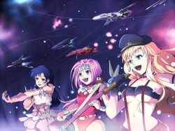  guitar lynn_minmay macross macross_frontier microphone mylene_flare_jenius sheryl_nome under_boob 