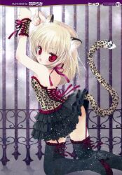  :o absurdres animal_ears animal_print black_thighhighs blonde_hair copyright_request female fence garter_straps hato_rami high_heels highres kneeling lace-up leopard_ears leopard_print looking_at_viewer oerba_yun_fang open_mouth red_eyes scan shoes short_hair solo tail thighhighs 