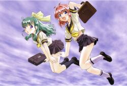  2girls absurdres bad_link bag black_footwear black_skirt black_socks blue_eyes blush bow green_hair hairbow highres kneehighs long_hair midriff miniskirt miyafuji_miina multiple_girls neckerchief onegai_twins onodera_karen open_mouth photoshop_(medium) pink_hair pleated_skirt purple_eyes school_bag school_uniform short_hair skirt socks uon_taraku white_socks yellow_neckerchief 