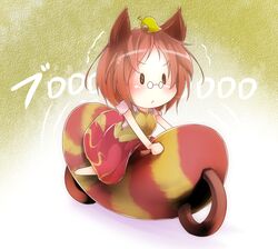  animal_ears bespectacled bikuseno brown_hair chibi commentary_request female futatsuiwa_mamizou glasses green_background leaf leaf_on_head pince-nez raccoon_ears raccoon_tail riding short_hair skirt solo tail touhou 