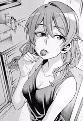  bad_id bad_twitter_id breasts candy cleavage collarbone commentary_request enokida_mai female food greyscale hair_between_eyes hair_bobbles hair_ornament hair_over_shoulder highres indoors lollipop long_hair low_twintails medium_breasts monochrome nakajima_ryou ranker&#039;s_high solo tank_top tongue tongue_out twintails 