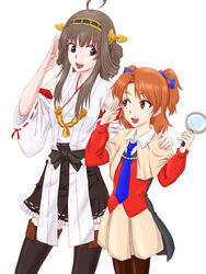  2girls :d ahoge anbj black_legwear bow brown_eyes brown_hair brown_legwear capelet commentary_request country_connection crossover detached_sleeves double_bun hair_bun hair_ribbon hairband hairbow height_difference holding kantai_collection kongou_(kancolle) long_hair magnifying_glass multiple_girls nontraditional_miko open_mouth pantyhose pleated_skirt ribbon salute school_uniform sister_princess skirt smile thighhighs trait_connection two_side_up yotsuba_(sister_princess) 