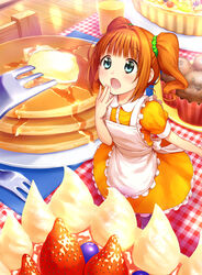  apron bad_id bad_pixiv_id blue_eyes blueberry butter chika_(orange_pop) female food fork fruit idolmaster idolmaster_(classic) muffin open_mouth orange_hair pancake solo strawberry takatsuki_yayoi twintails whipped_cream 